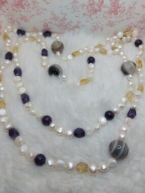 Freshwater Pearls with Amethyst Gemstones and Banded Agate Beads Long Necklace